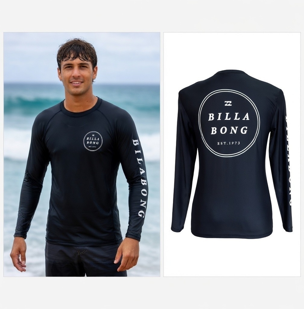 Billabong Men's Sol Searcher Long Sleeve Rash Guard S Black UPF 50+ Swim Top EXC